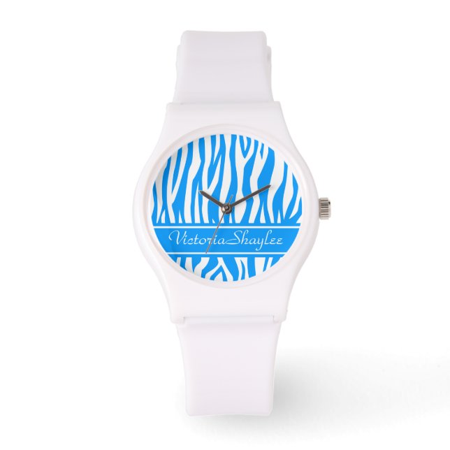 Light Blue Zebra Print with custom text Watch (Front)