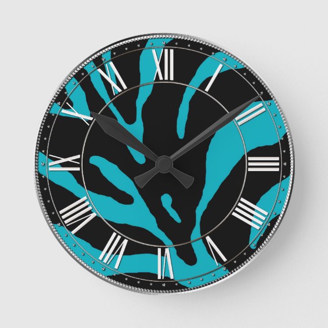 Light Blue Zebra Stripe Animal Print Round Clock (Front)