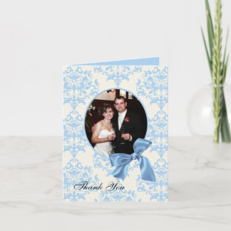 Light Blule Damask Wedding Photo Thank You Card