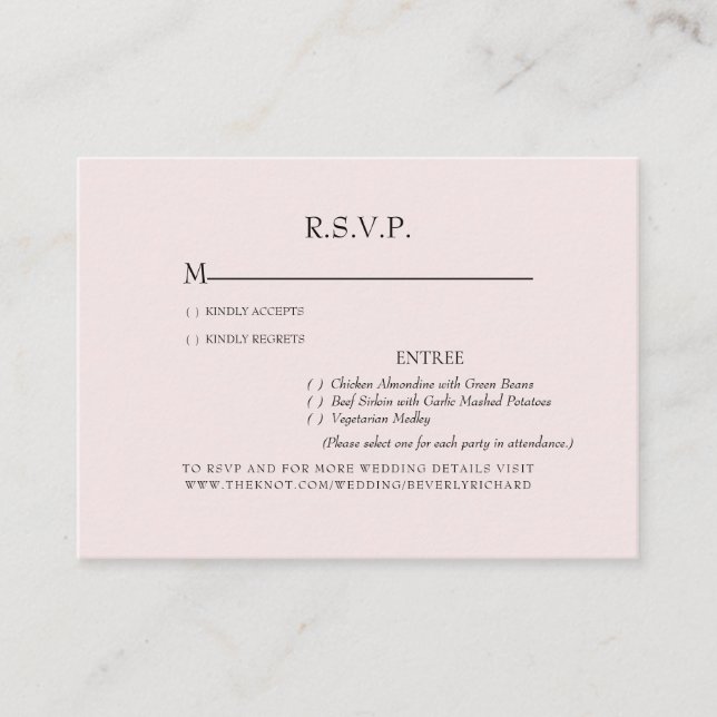 Light Blush Dinner Options Wedding RSVP Enclosure Card (Front)