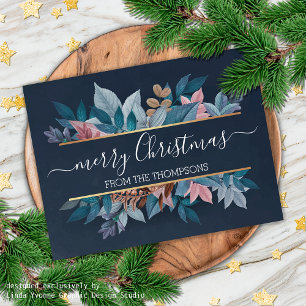 Light Blush Pink Floral Foliage On Dark Blue Holiday Card