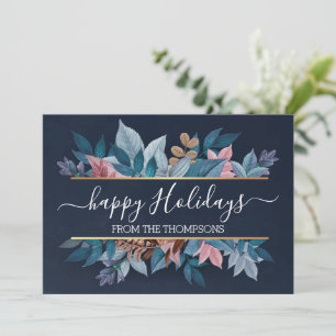 Light Blush Pink Floral Foliage On Dark Blue Holiday Card