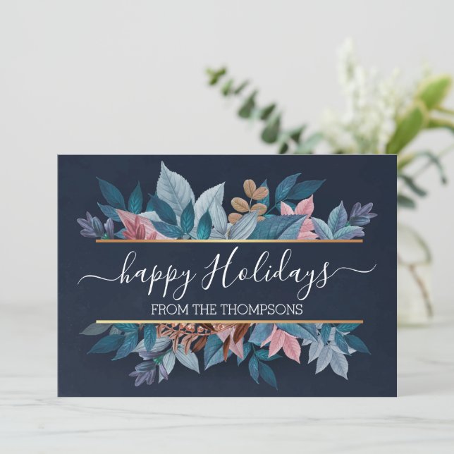 Light Blush Pink Floral Foliage On Dark Blue Holiday Card (Standing Front)