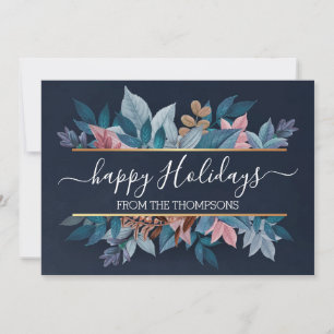 Light Blush Pink Floral Foliage On Dark Blue Holiday Card