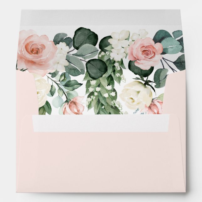 Light Blush Pink Floral Rose Watercolor Wedding Envelope (Back (Bottom))
