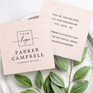 Light blush pink linen look add logo minimalist square business card