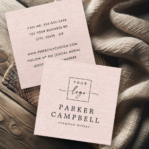 Light blush pink linen look add logo minimalist square business card