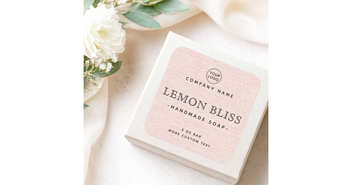 Light blush pink linen look square product labels | Zazzle