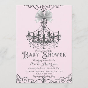 Light Blush Pink & Silver White Bow Baby Shower Invitation