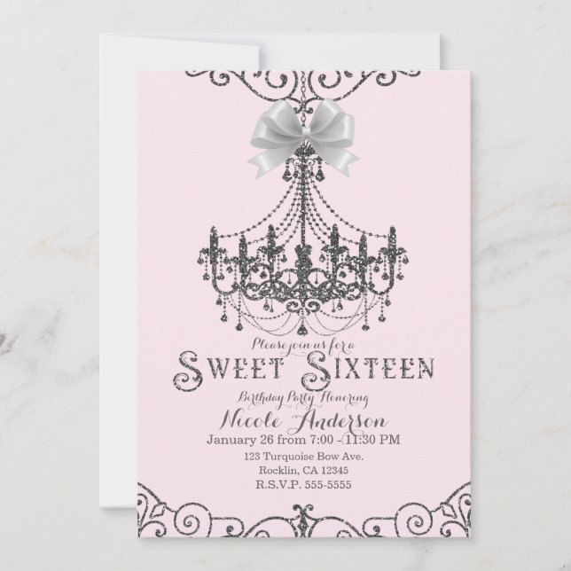 Light Blush Pink Silver White Bow Sweet 16 Sixteen Invitation (Front)