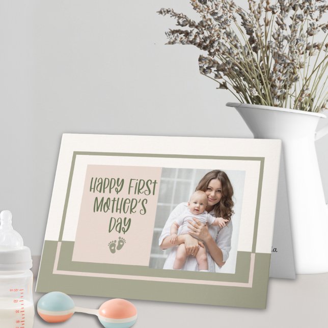 Light Boho Green Pink First Mother's Day Photo  Card (Creator Uploaded)