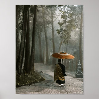 Light Breaks Through as Monk Descends Temple Steps Poster