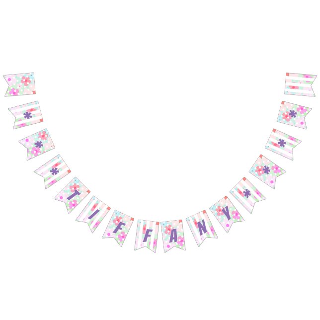 Light Bright Purple Name on Peachy Flowers on Teal Bunting (All)