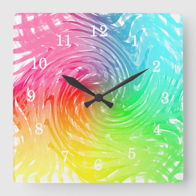 Light Bright Rainbow Abstract Swirly Patterned Square Wall Clock (Front)