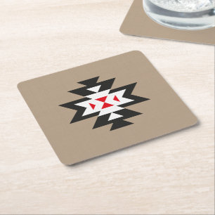 Light Brown Black White Red Aztec Pattern Square Paper Coaster
