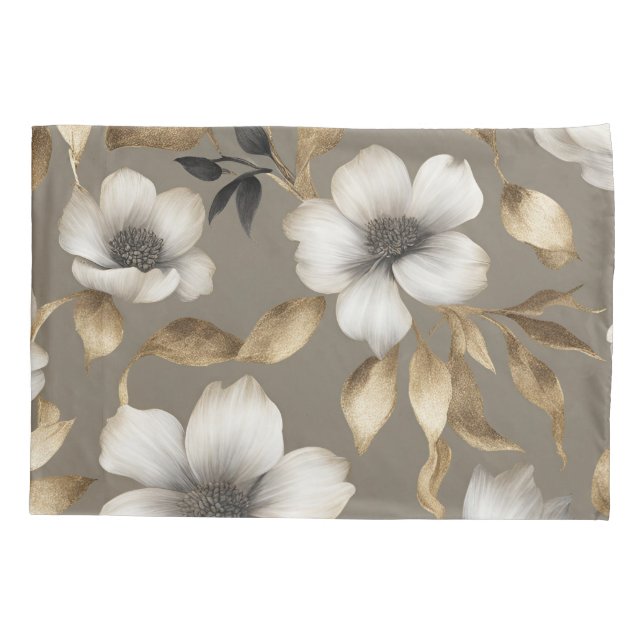 Light Brown Gold Black White Floral Pillowcase (Back-Left)