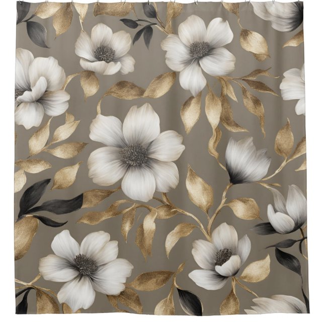 Light Brown Gold Black White Floral Shower Curtain (Front)
