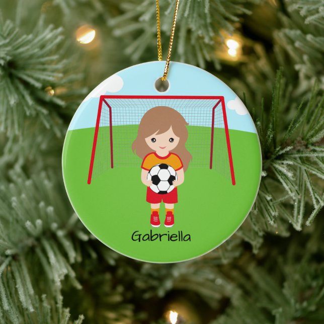 Light Brown Haired Soccer Girl Christmas Ceramic Tree Decoration (Tree)