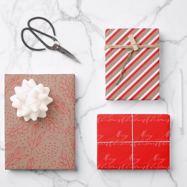 Light Brown Kraft, Red and White Assorted Wrapping Paper Sheet (Front)