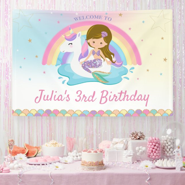 Light Brown Mermaid Unicorn Pool Birthday Welcome  Banner (Party)
