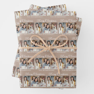 Light Brown Merry Christmas Photo Collage Wrapping Paper Sheet