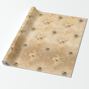 Light Brown Peacock Feather Deluxe Glamourous Wrapping Paper