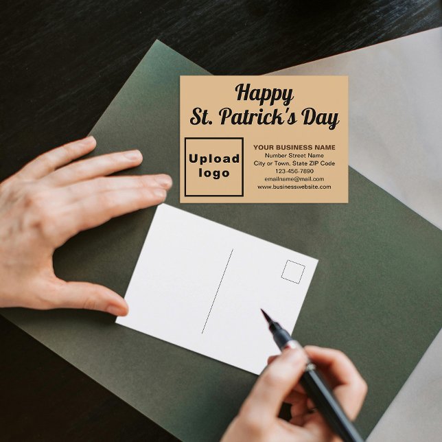 Light Brown St. Patrick Business Holiday Postcard (Business brand with St. Patrick greeting on light brown holiday postcard)