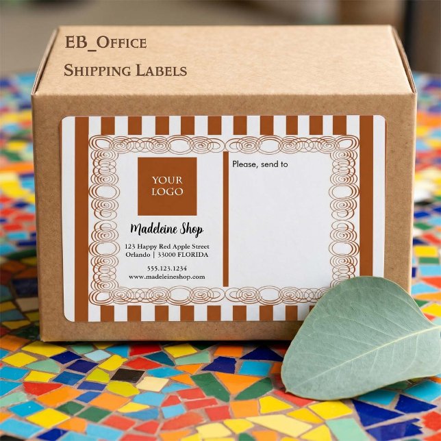 Light Brown Stripes & Curly Frame & Logo (Classic Brown & White Stripes & Logo.
Size: 3.75” L x 2” W - Eight labels per sheet

)