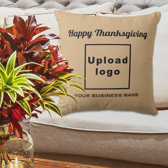 Light Brown | Thanksgiving | Business Brand | Cushion (Business name and logo with Thanksgiving greeting on light brown throw pillow)