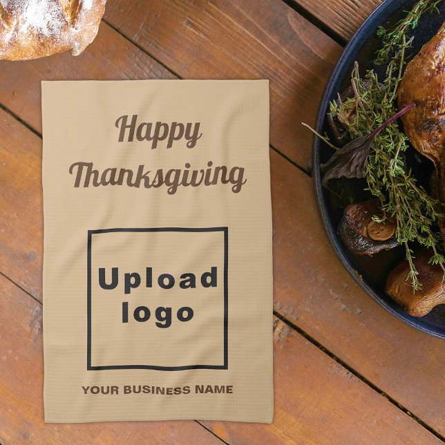 Light Brown | Thanksgiving | Business | Tea Towel (Business name and logo with Thanksgiving greeting on light brown kitchen towel)