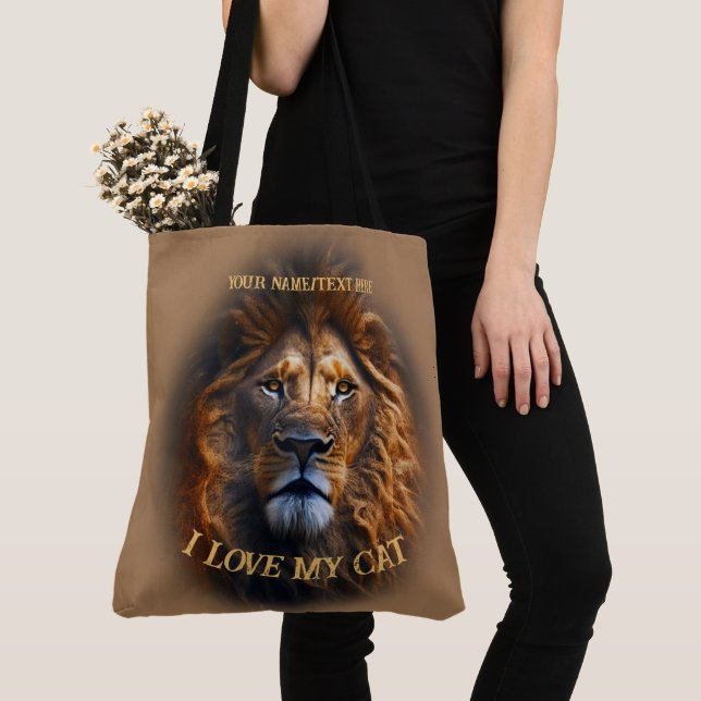 Light Brown Tote Bag "I Love My Cat" Custom Name (Close Up)