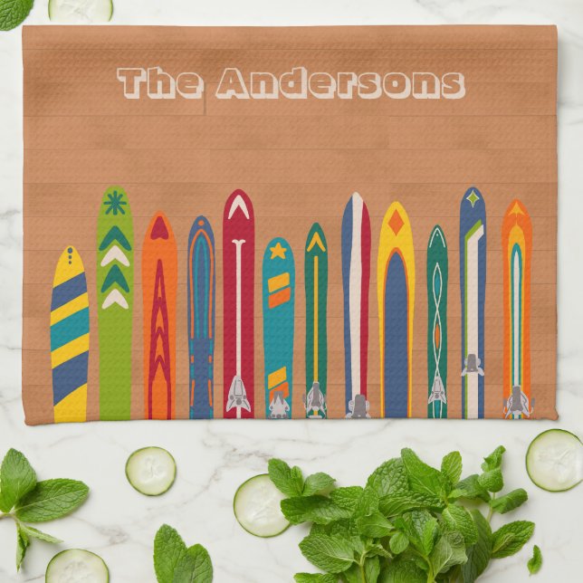 Light Brown Vintage Skis Personalized Tea Towel (Folded)