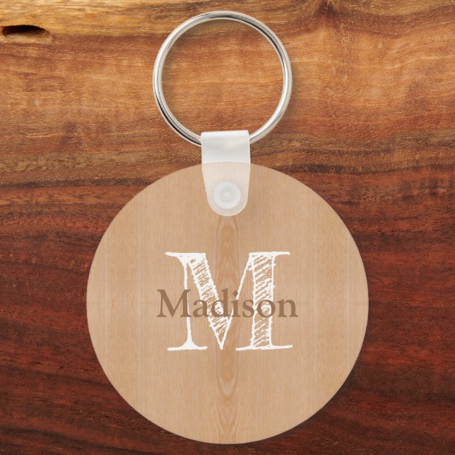 Light brown wood grain Custom Monogram Key Ring (Front)