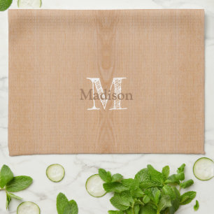 Light brown wood grain Custom Monogram Tea Towel