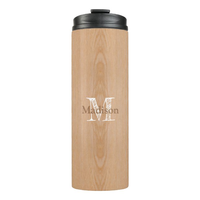 Light brown wood grain Custom Monogram Thermal Tumbler (Front)