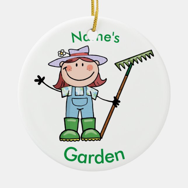 Light Brunette Girl Gardener in Overalls & Boots Ceramic Tree Decoration (Front)
