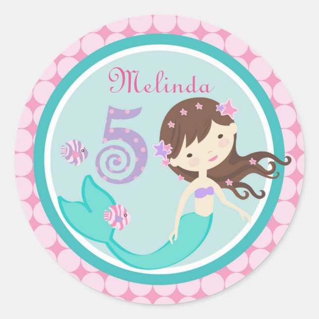 Light Brunette Mermaid Age Five Birthday Sticker (Front)