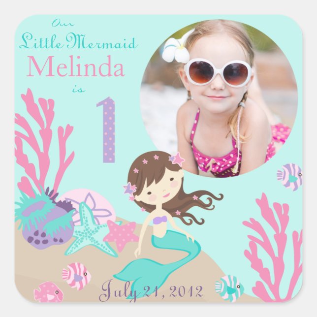 Light Brunette Mermaid Age One Photo Sticker Label (Front)