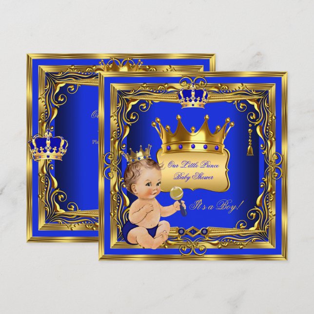 Light Brunette Prince Baby Shower Boy Blue Gold Invitation (Front/Back)