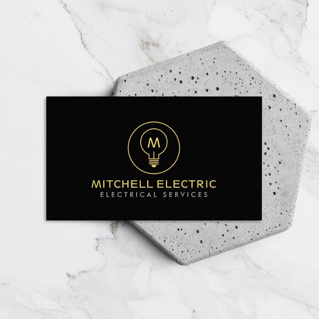 LIGHT BULB MONOGRAM LOGO on BLACK for ELECTRICIANS Business Card (Creator Uploaded)