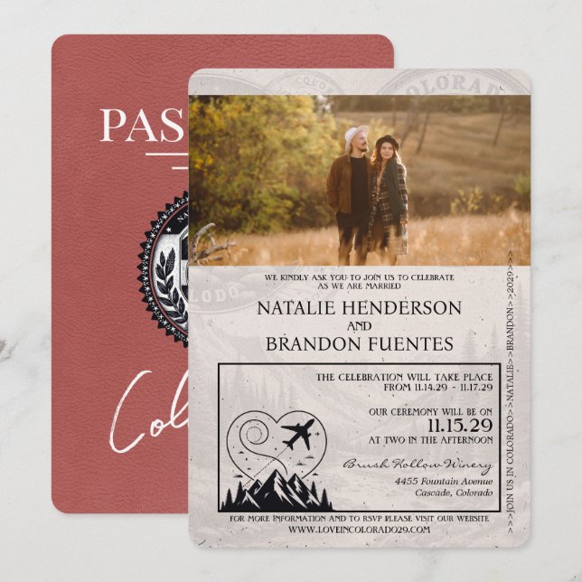 Light Burgundy Colorado Passport Wedding Invitation (Front/Back)