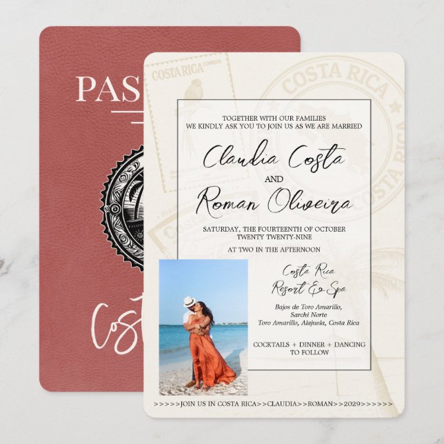 Light Burgundy Costa Rica Passport Wedding Invitation (Front/Back)