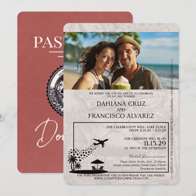 Light Burgundy Dominican Republic Passport Wedding Invitation (Front/Back)