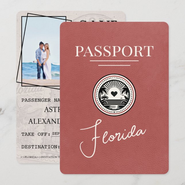 Light Burgundy Florida Passport Save The Date (Front/Back)
