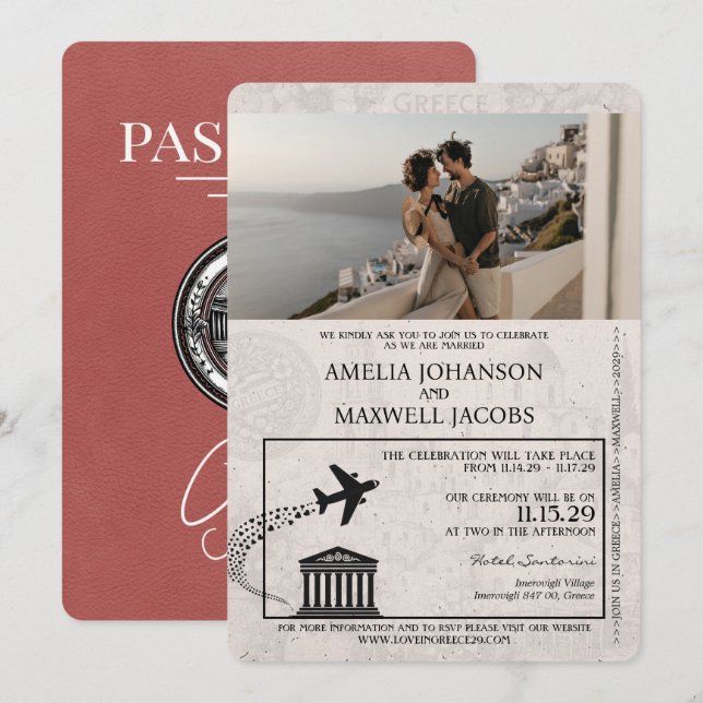 Light Burgundy Greece Passport Wedding Invitation (Front/Back)