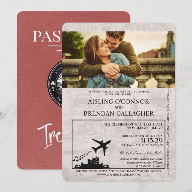 Light Burgundy Ireland Passport Wedding Invitation (Front/Back)