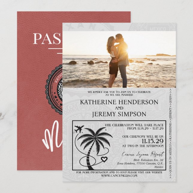Light Burgundy Mexico Passport Wedding Invitation (Front/Back)