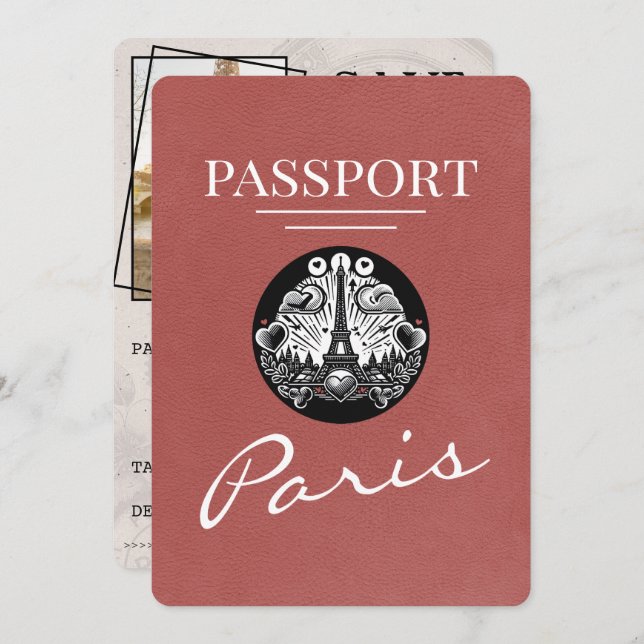 Light Burgundy Paris Passport Save The Date (Front/Back)