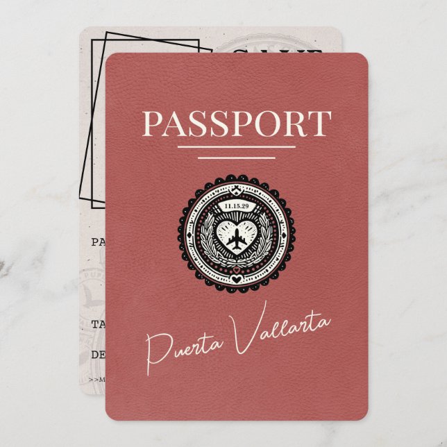 Light Burgundy Puerta Vallarta Passport Save The Date (Front/Back)