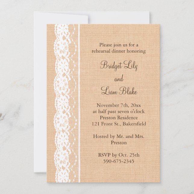 Light Burlap & Vintage Lace Rehearsal Dinner Invitation (Front)